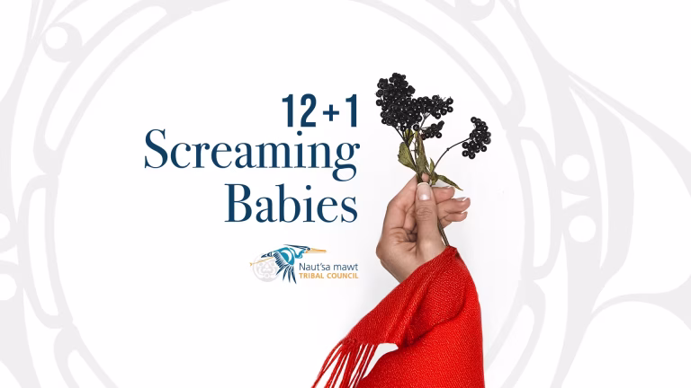 A hand holds a sprig of dark berries over a red scarf, with text "12+1 Screaming Babies" and a tribal council logo.