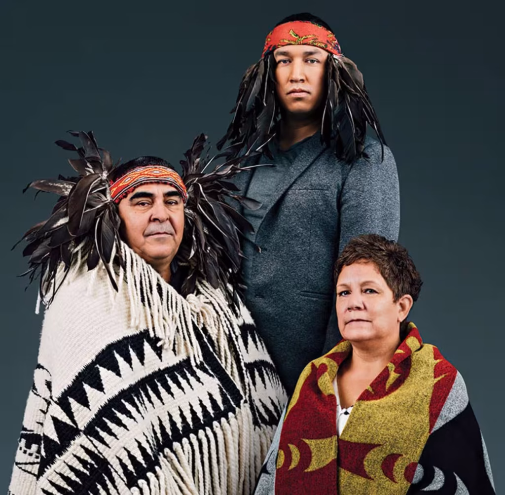 A studio portrait of Chief Wayne Sparrow of the Musqueam Band, Khelsilem, council chairperson for the Squamish Nation, and Chief Jen Thomas of the Tsleil-Waututh Nation