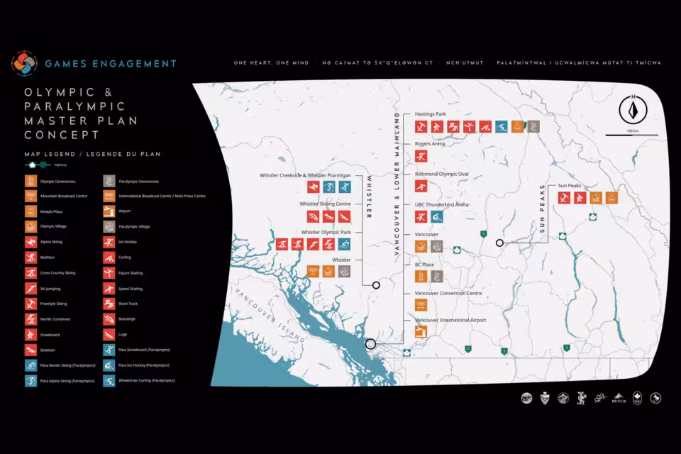 A map showing proposed sports venue locations across the Lower Mainland, Whistler, and Sun Peaks in British Columbia