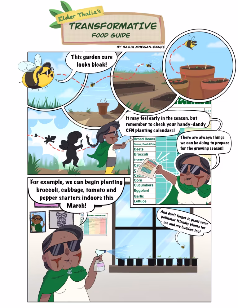 Comic strip about planting advice from Elder Thalia, featuring bees and gardening tips.