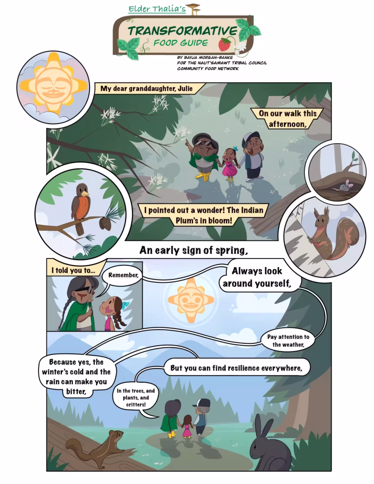 Comic strip about Elder Thalia's Transformative Food Guide, showing a family in nature observing signs of spring.